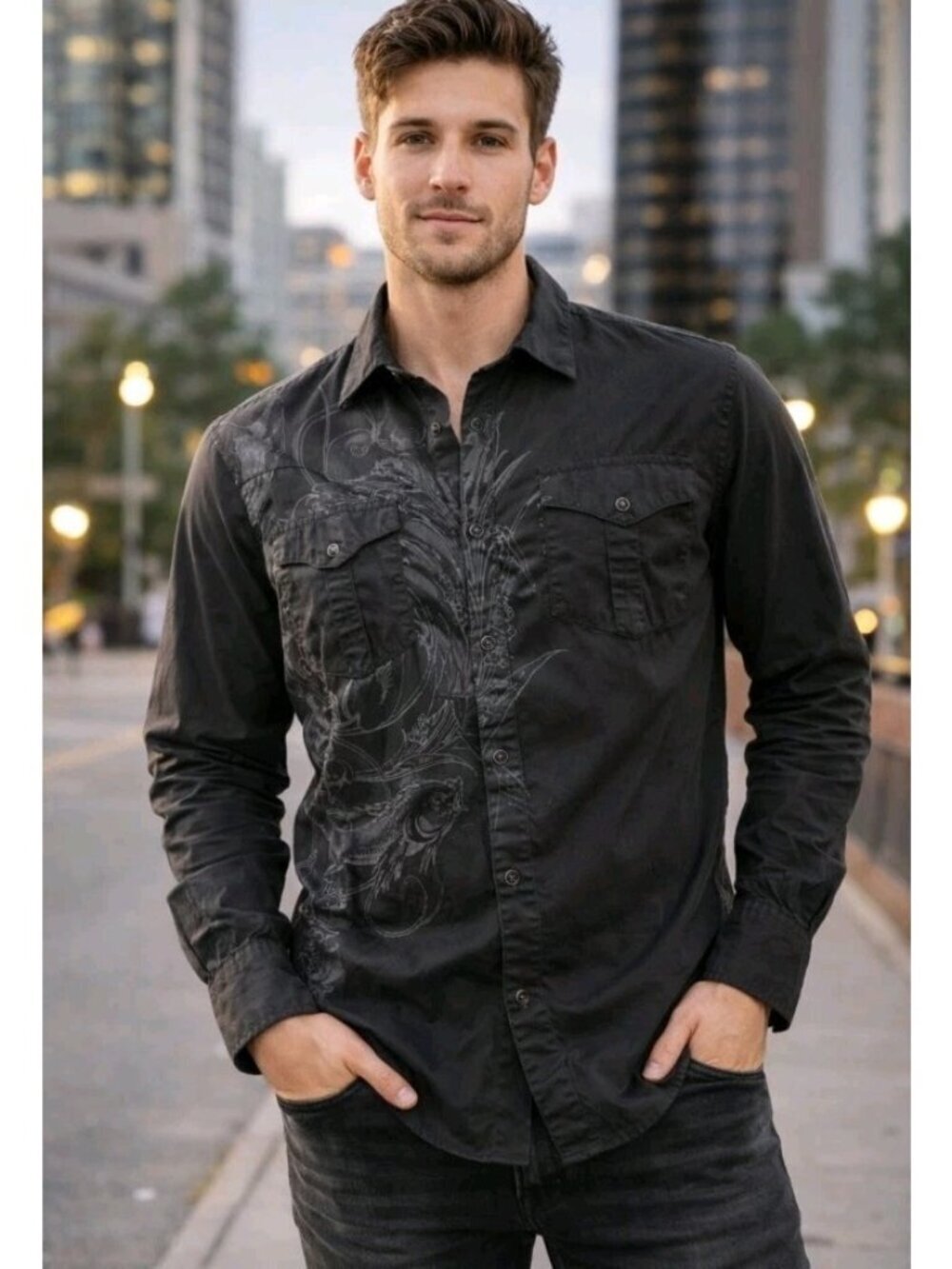 International Concepts Mens Y2K Floral Graphic Button-Down Shirt Size XL Black